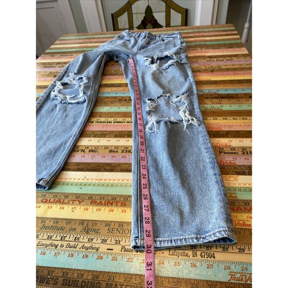 AMERICAN EAGLE Curvy 90s Straight Denim Blue Jeans Sz 00 Distressed Med Wash - Picture 9 of 13